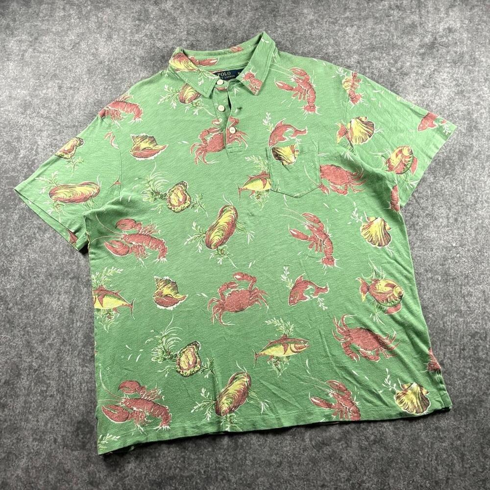 Polo Ralph Lauren Men’s XL Green Lobster Crab Fish Seafood Print Polo Shirt